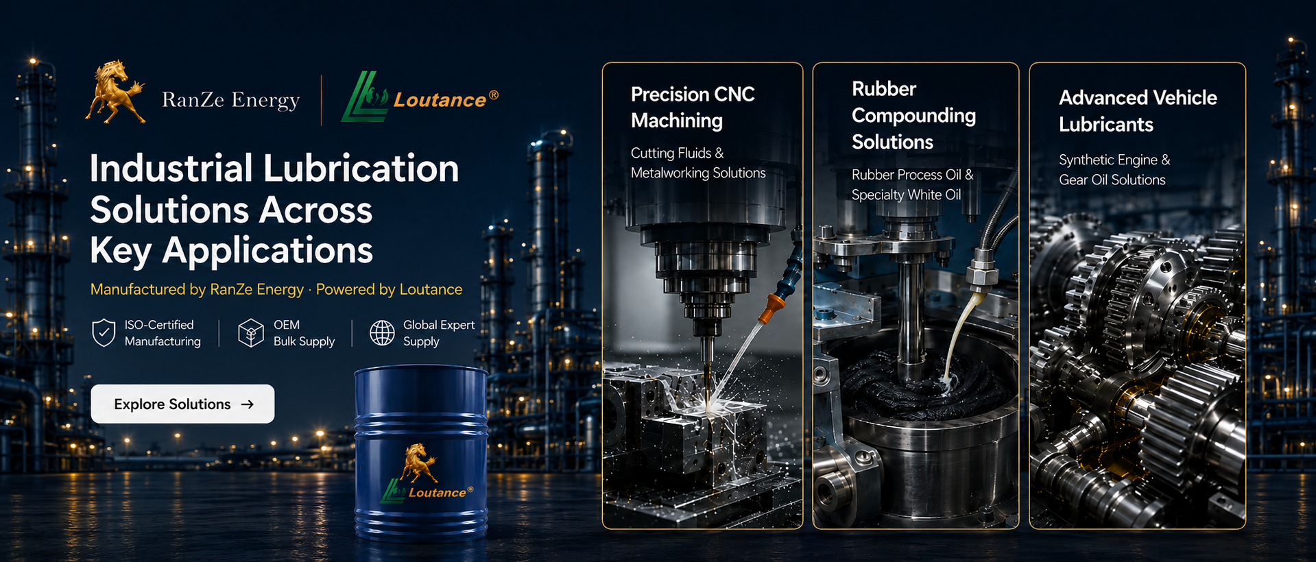 Industrial lubrication solutions by RanZe Energy Loutance for CNC metalworking, rubber process oil and synthetic vehicle lubricants