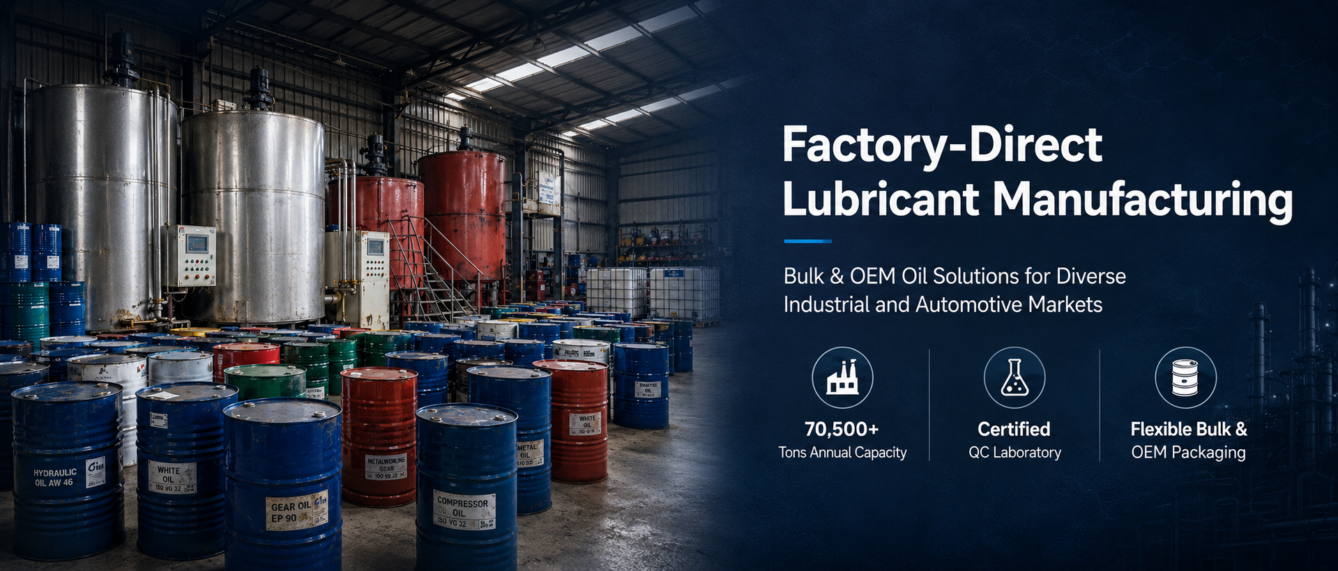 Factory-direct lubricant manufacturing by RanZe Energy with 70,500 tons annual capacity, OEM packaging and QC laboratory
